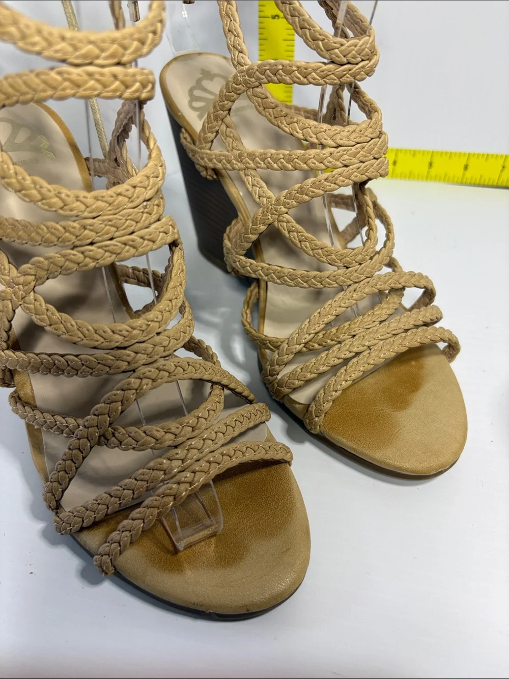 7.5 Fergalicious Braided Lace-Up Wedge Sandals - Tan. Box 25